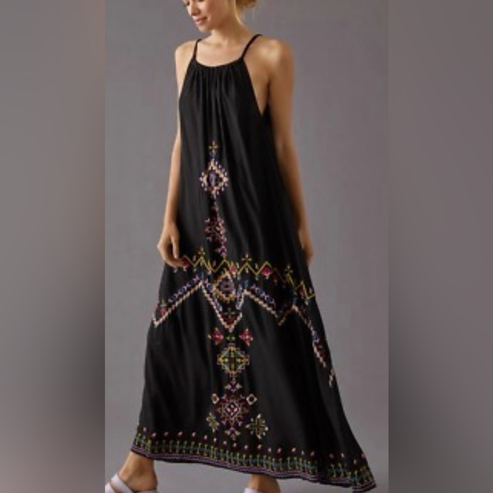 Anthropologie Embroidered Cotton Boho Halter Maxi Dress Black Pockets M